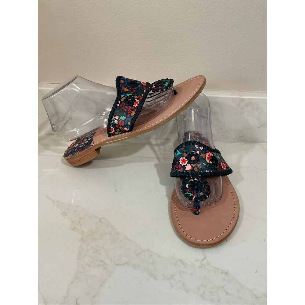 Jack Rogers Navajo Sandals Women's 9.5 Navy Floral Leather Slip On Flat